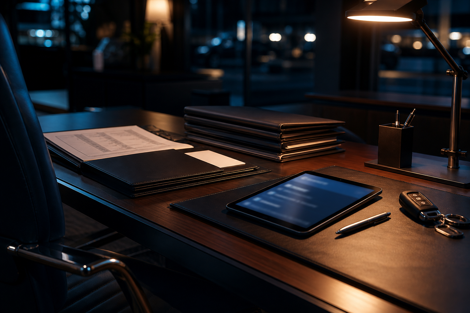F&I desk with deal jackets and paperwork