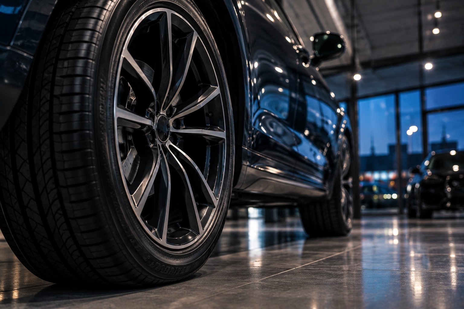 Low-angle close-up of a tire and alloy wheel on a car in a showroom